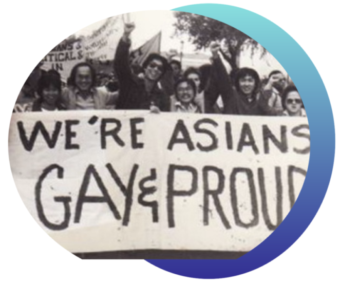 Photo of Asians march with banner that says We're Asians, gay & proud.