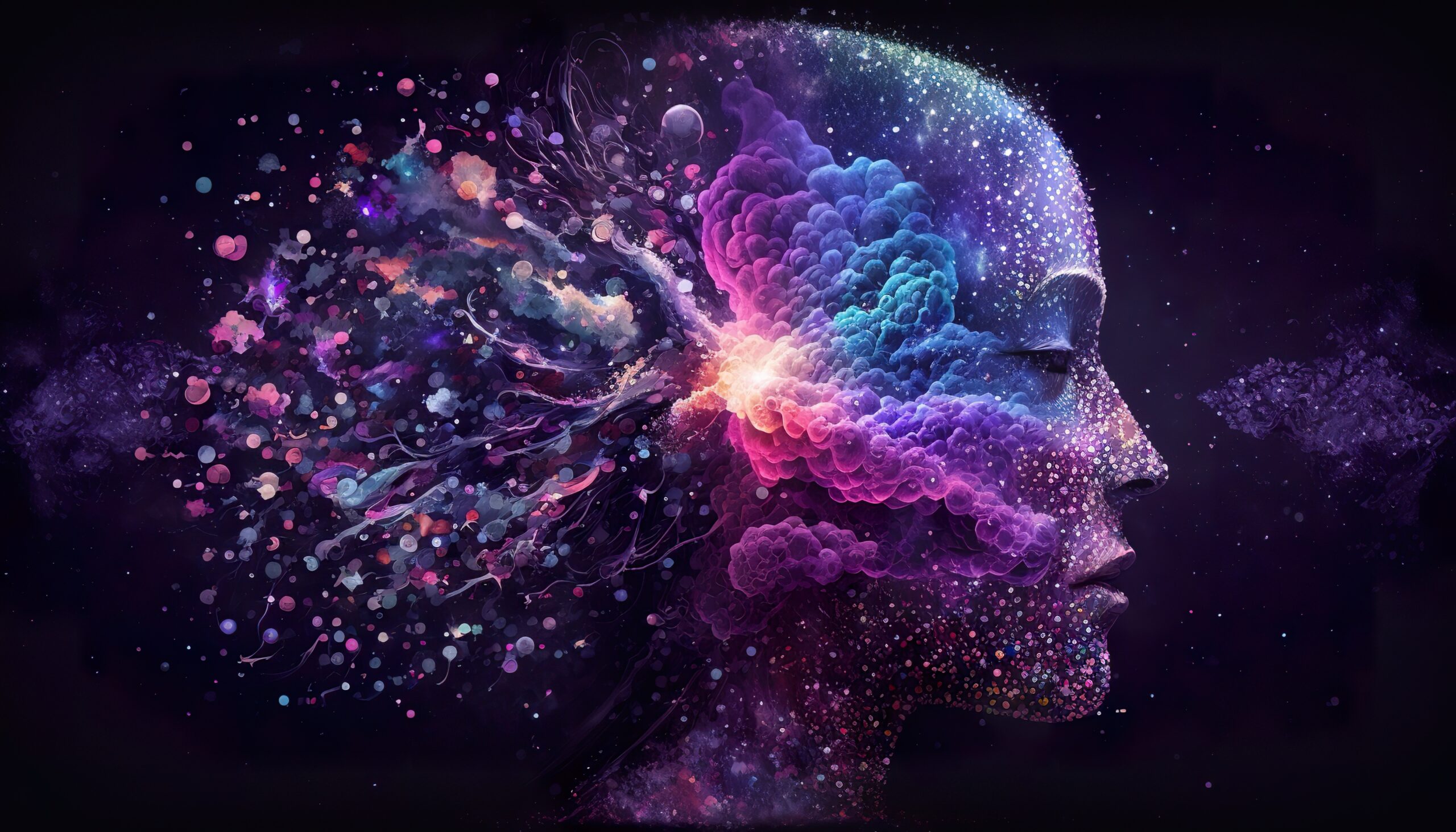 Silhouette of a person's face clouds, stars, and explosive ideas fill and spill from their head.