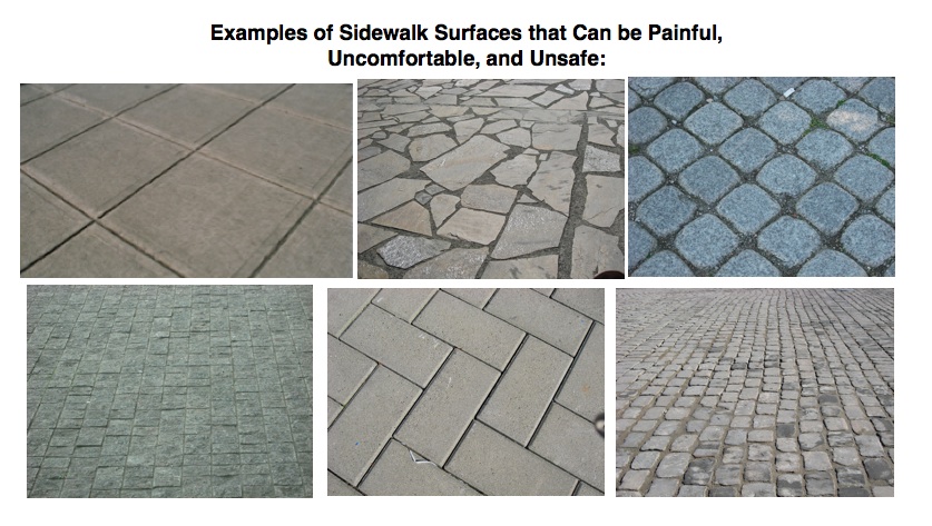 A collection of images that show rough, uneven and inaccessible sidewalk examples