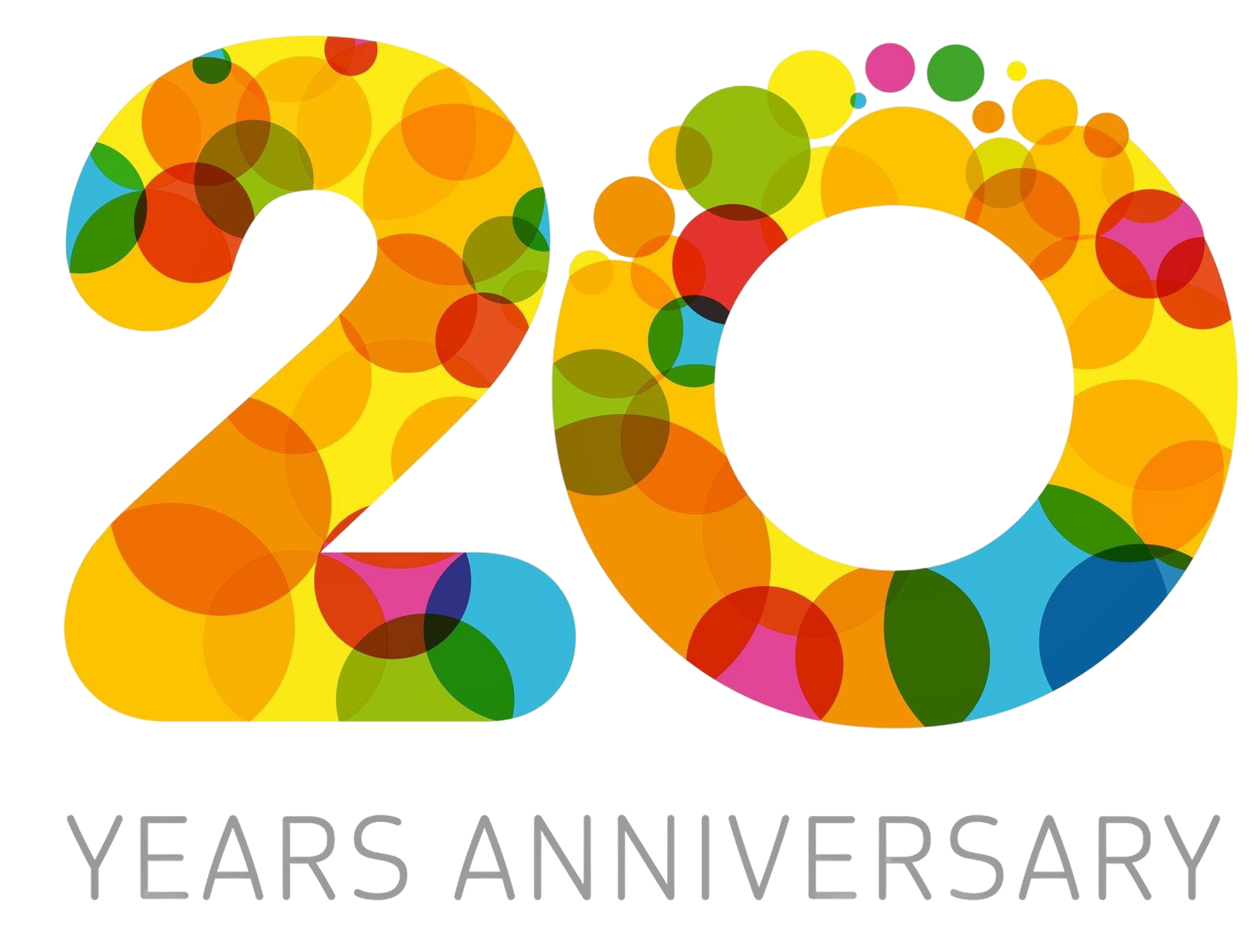 Number 20 made of colourful circles. Text "Year Anniversary" under the 20