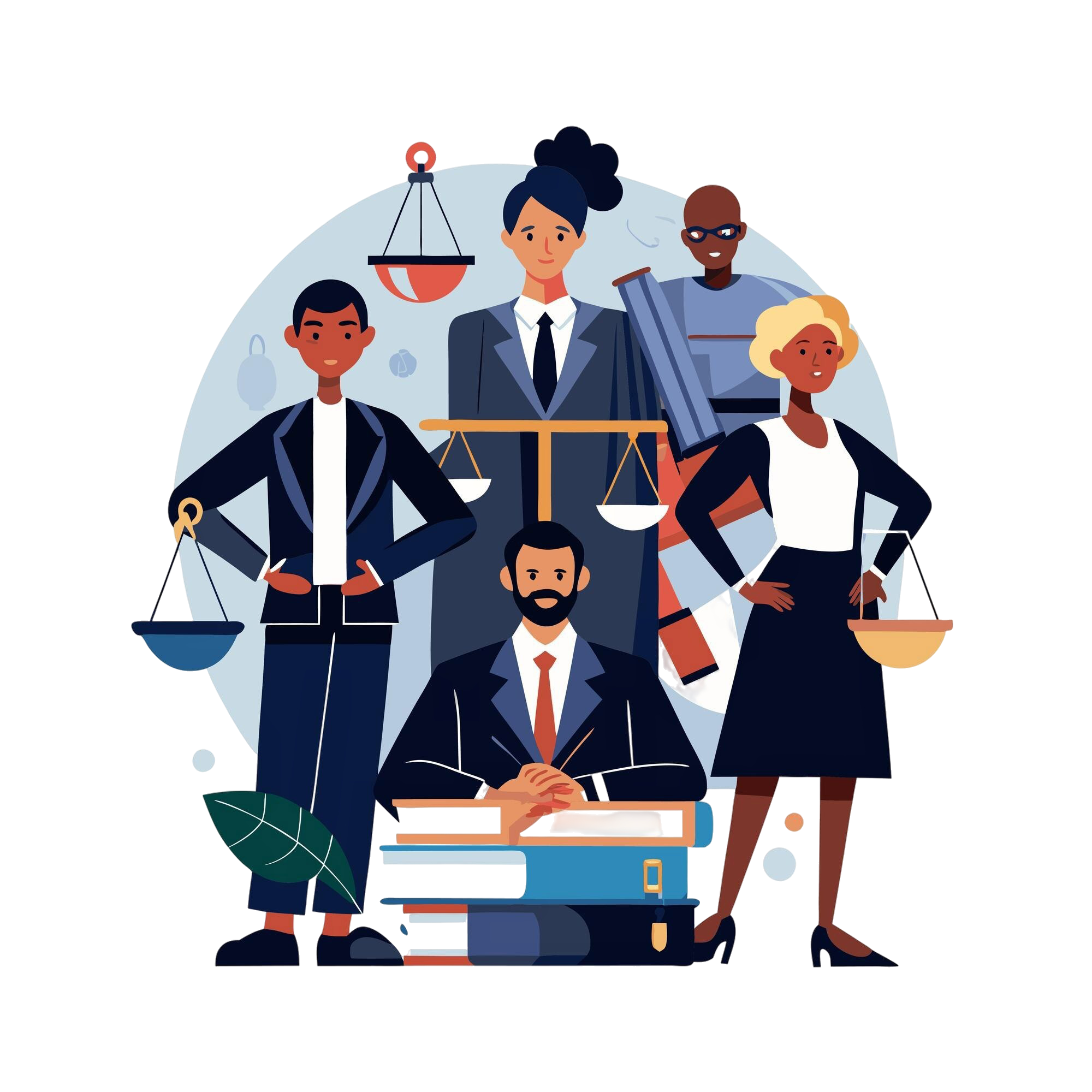 5 legal professionals, surrounded by scales of justice and books.