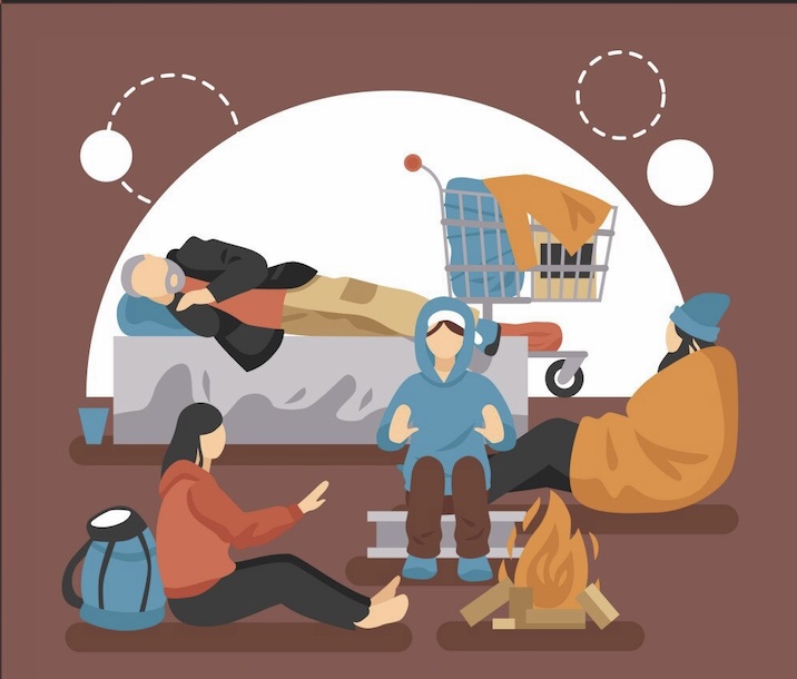 Illustration of several unhoused people, sitting outside.